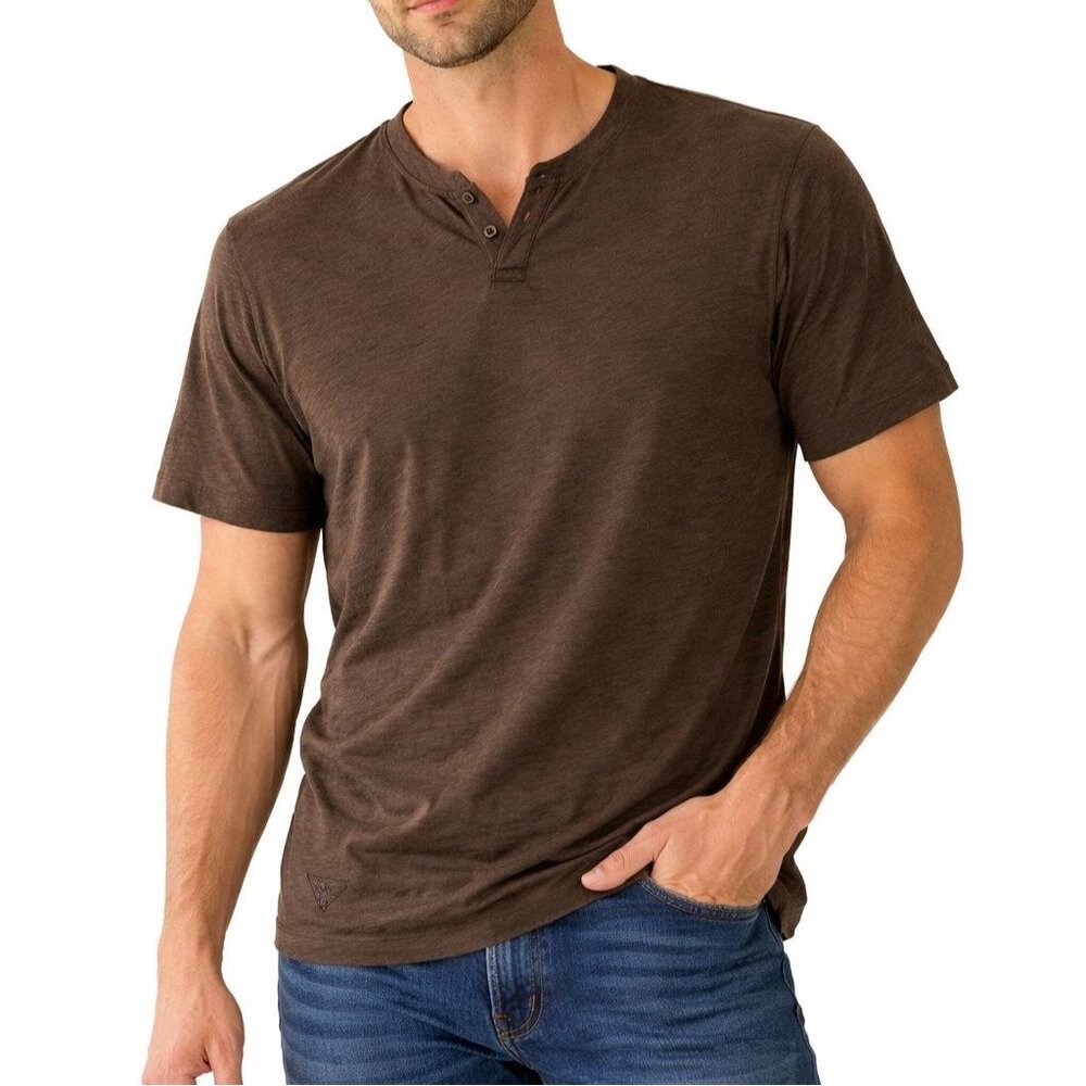 GUESS Mens Brown Henley Shirt XL Cotton Minimalist Streetwear Casual